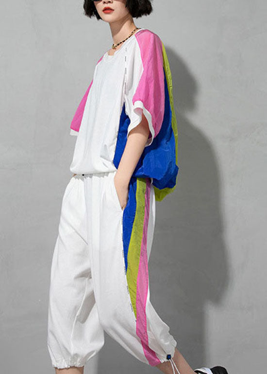 French White O-neck Patchwork T-shirt Half Sleeve