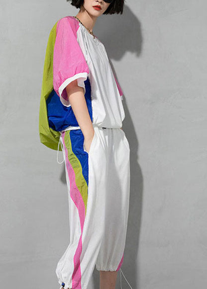 French White O-neck Patchwork T-shirt Half Sleeve
