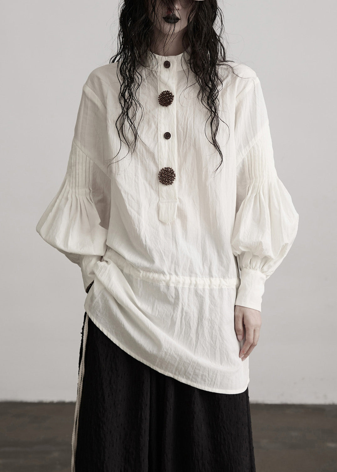 French White O-Neck Puff Sleeve Patchwork Cotton Tops Spring