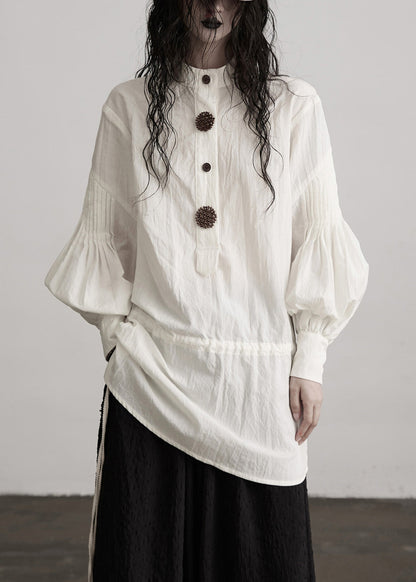 French White O-Neck Puff Sleeve Patchwork Cotton Tops Spring