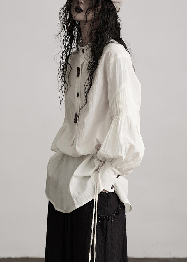 French White O-neck Puff Sleeve Patchwork Cotton Tops Spring