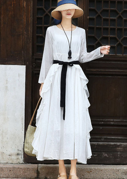 French White O-neck Ruffled Cotton Party Dress Long Sleeve