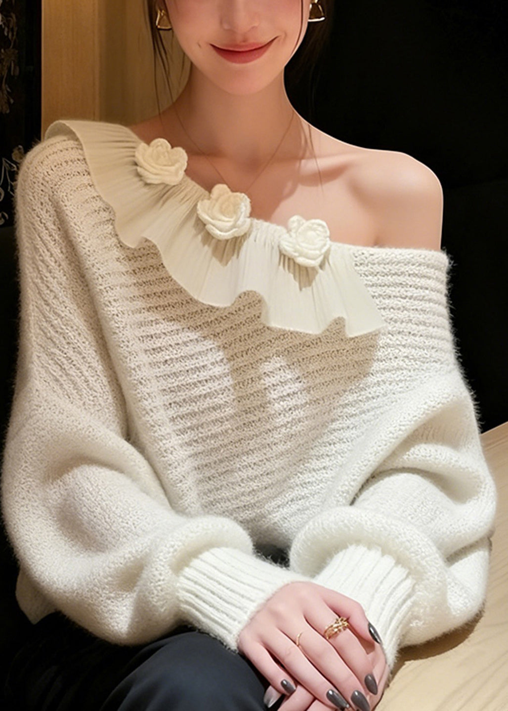 French White One Shoulder Decorated Knit Sweater Winter