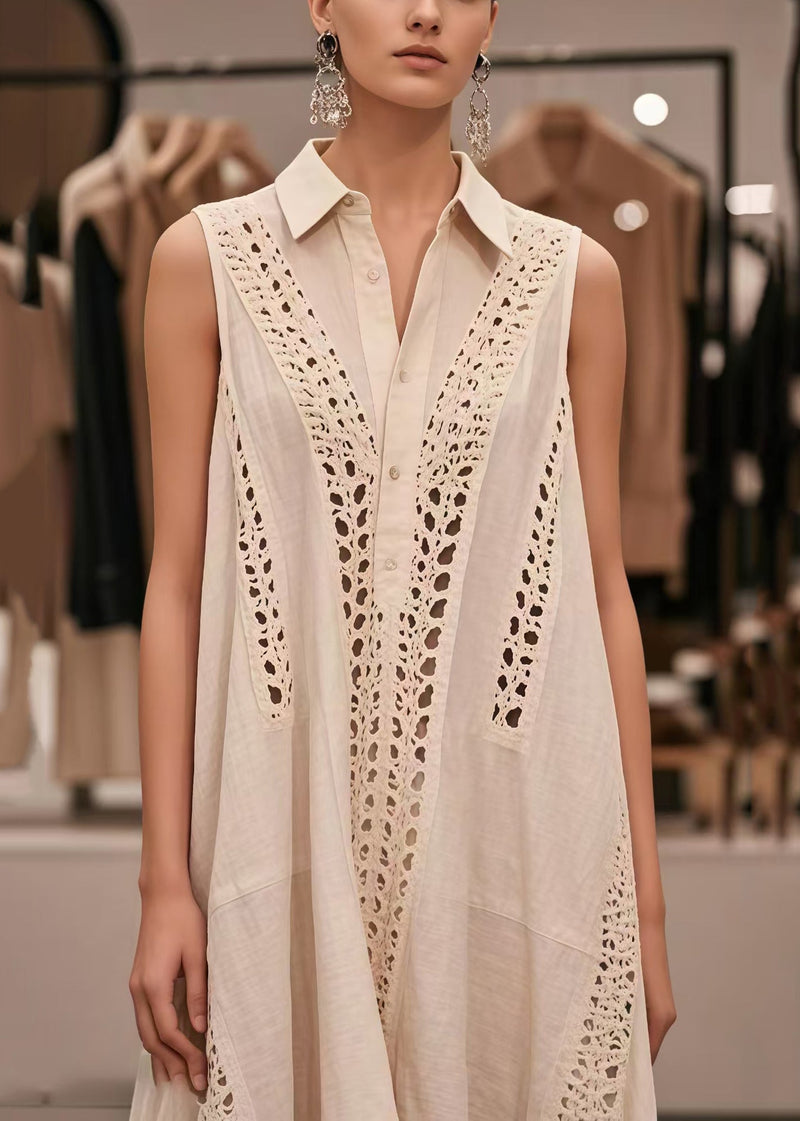 French White Oversized Hollow Out Cotton Dresses Sleeveless