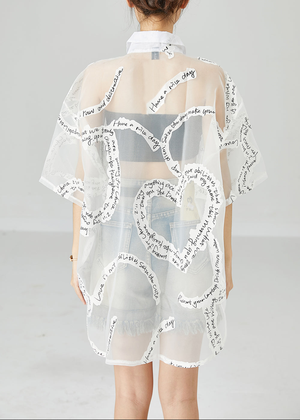 French White Oversized Letter Print Tulle Upf 50+ Coat Jacket Summer