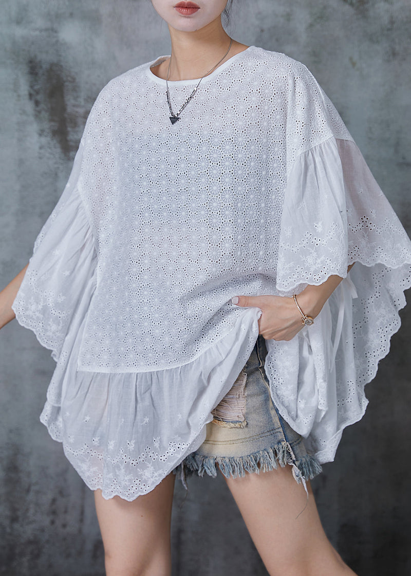 French White Oversized Patchwork Hollow Out Tank Batwing Sleeve