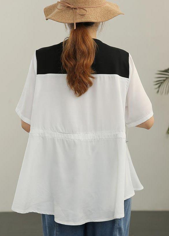 French White Patchwork O-neck Blouses Summer