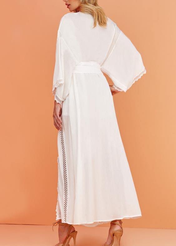 French White Patchwork Tie Waist Kimono Robe Maxi Chiffon Dress
