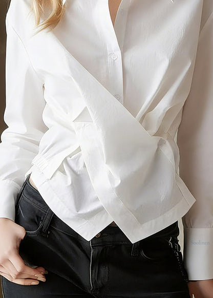 French White Peter Pan Collar Button Spring Asymmetrical Chiffon Shirts