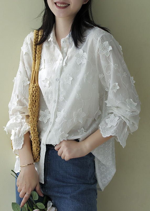 French White Peter Pan Collar Embroideried Button Cotton Shirts Long Sleeve