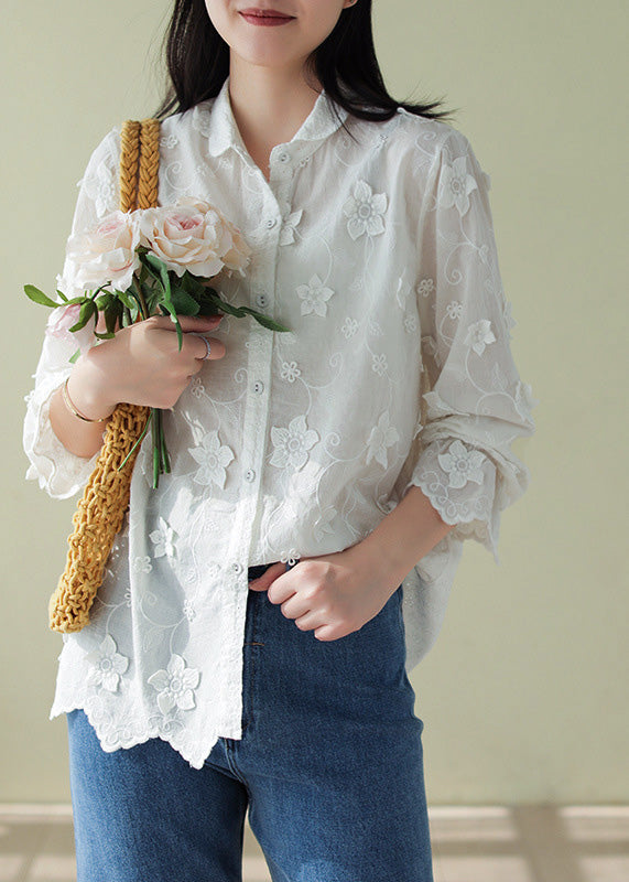 French White Peter Pan Collar Embroideried Button Cotton Shirts Long Sleeve