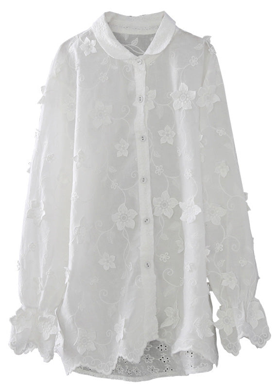 French White Peter Pan Collar Embroideried Button Cotton Shirts Long Sleeve