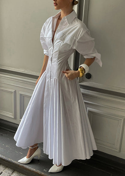 French White Peter Pan Collar Patchwork Cotton Shirts Dresses Fall