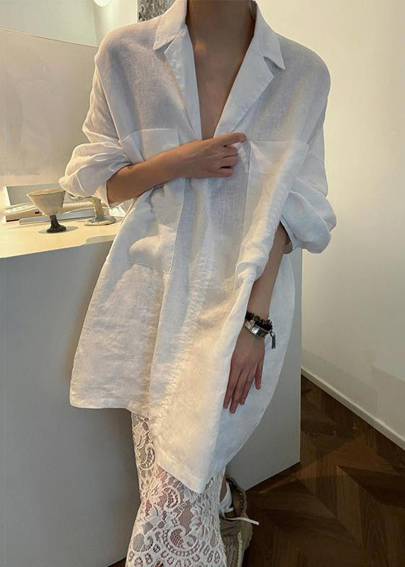 French White Peter Pan Collar Pockets Linen Blouses Fall