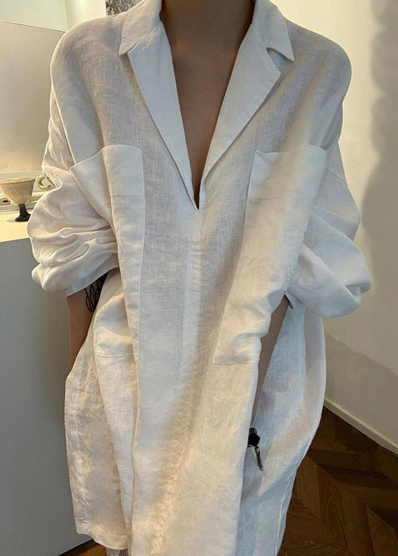 French White Peter Pan Collar Pockets Linen Blouses Fall