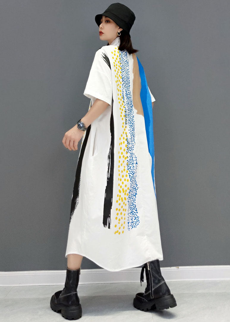 French White Peter Pan Collar Tie Dye Cotton a Line Dress Short Sleeve