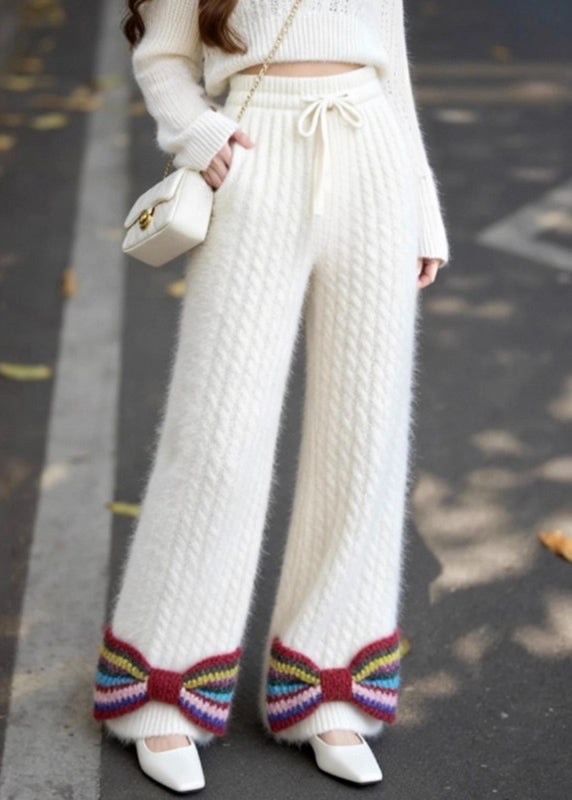 French White Pockets Bow Elastic Waist Knit Pants Spring