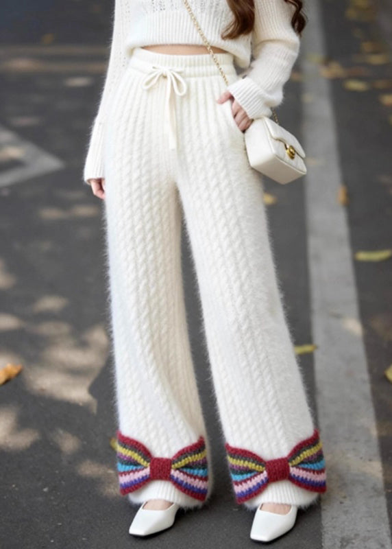 French White Pockets Bow Elastic Waist Knit Pants Spring