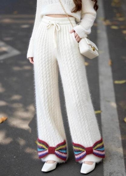 French White Pockets Bow Elastic Waist Knit Pants Spring