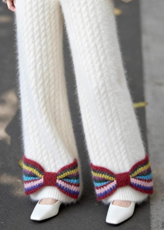 French White Pockets Bow Elastic Waist Knit Pants Spring