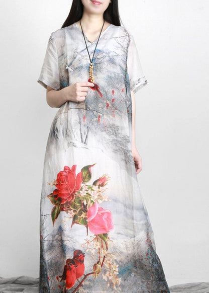 French White Print Linen Chinese Button Vacation Dresses