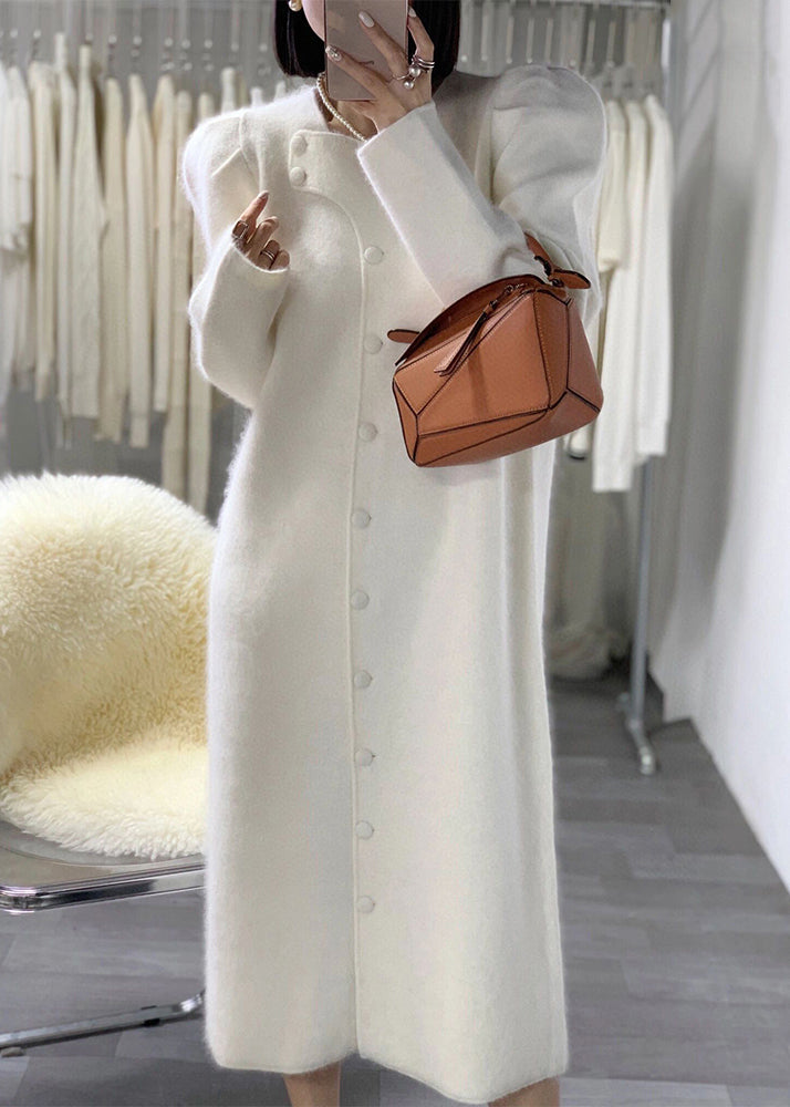 French White Puff Sleeve Button Patchwork Cotton Blend Coat Winter