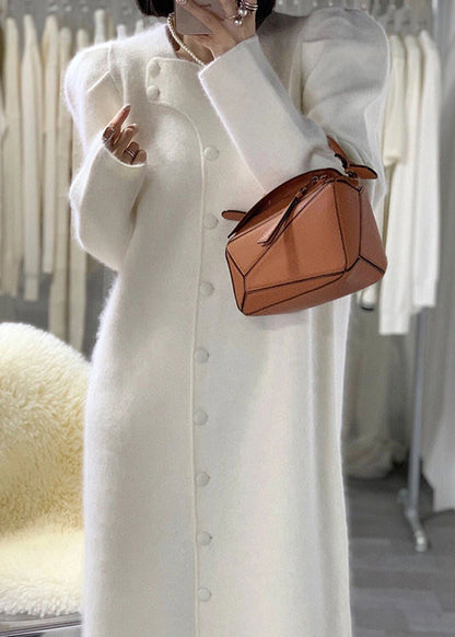 French White Puff Sleeve Button Patchwork Cotton Blend Coat Winter
