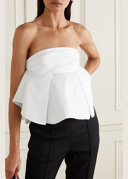 French White Puff Sleeve Wrinkled Cotton Top Spring