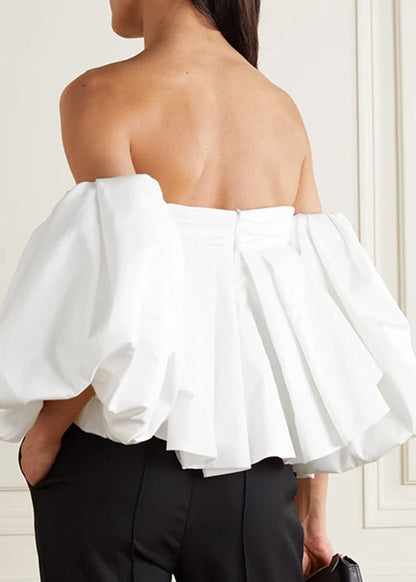 French White Puff Sleeve Wrinkled Cotton Top Spring