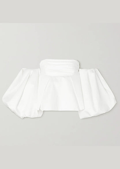 French White Puff Sleeve Wrinkled Cotton Top Spring