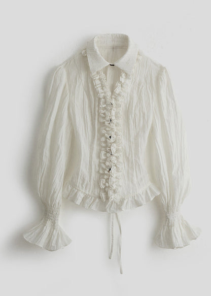 French White Ruffled Cinched Cotton Shirt Top Spring