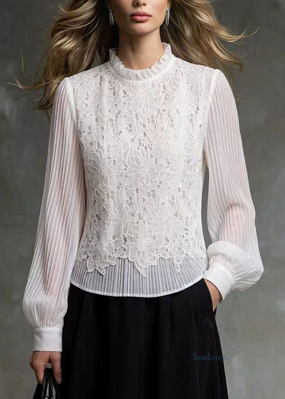 French White Ruffled Lace Patchwork Blouses Spring
