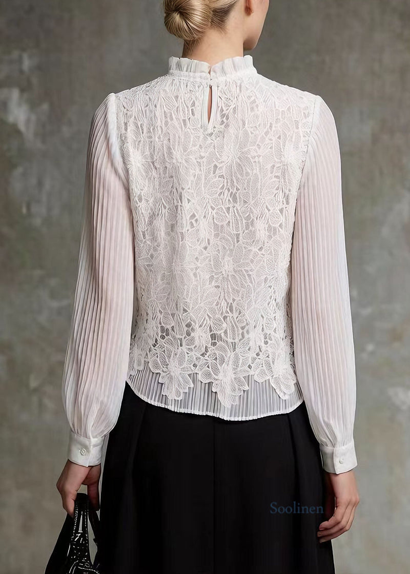 French White Ruffled Lace Patchwork Blouses Spring