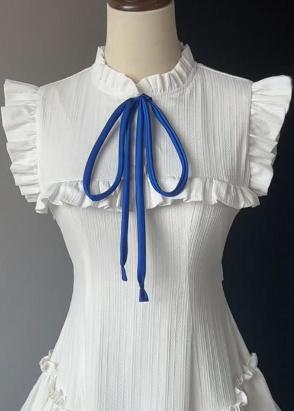 French White Ruffled Lace Up Cotton Dress Sleeveless