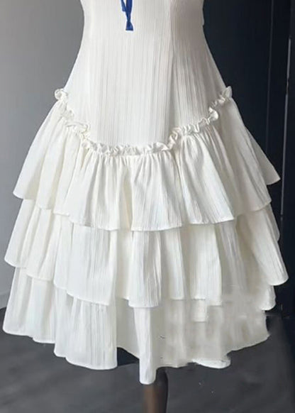French White Ruffled Lace Up Cotton Dress Sleeveless