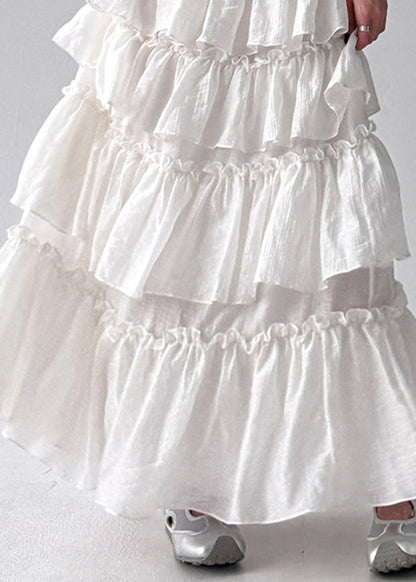 French White Ruffled Patchwork Elastic Waist Cotton Skirt Fall