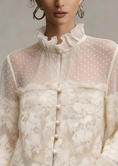 French White Ruffled Patchwork Lace Blouse Tops Spring