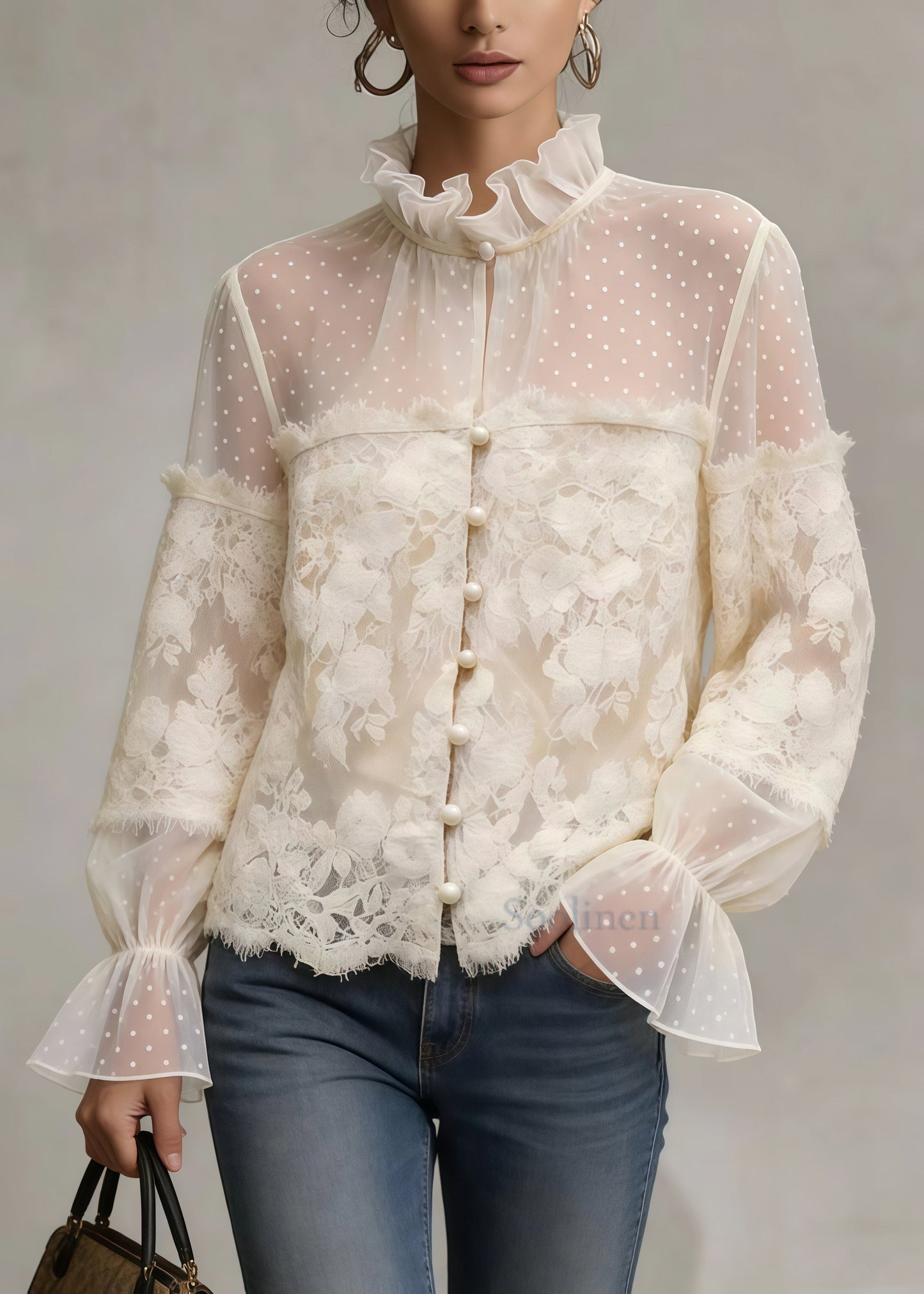 French White Ruffled Patchwork Lace Blouse Tops Spring