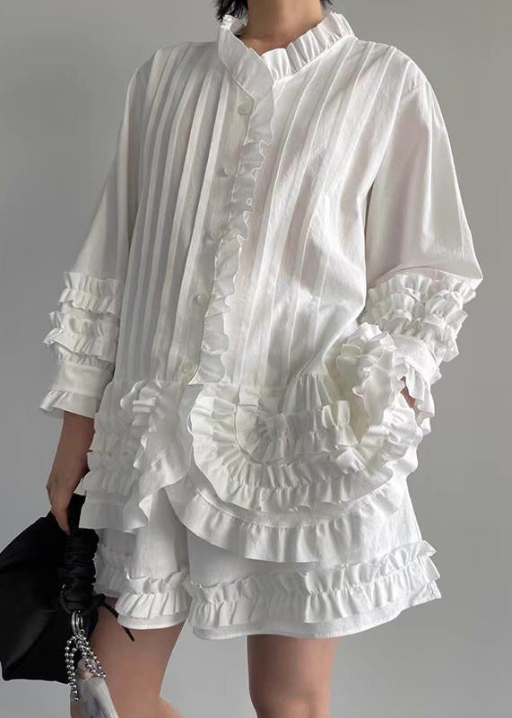 French White Ruffled Shirt and Shorts Cotton Two Piece Set Spring