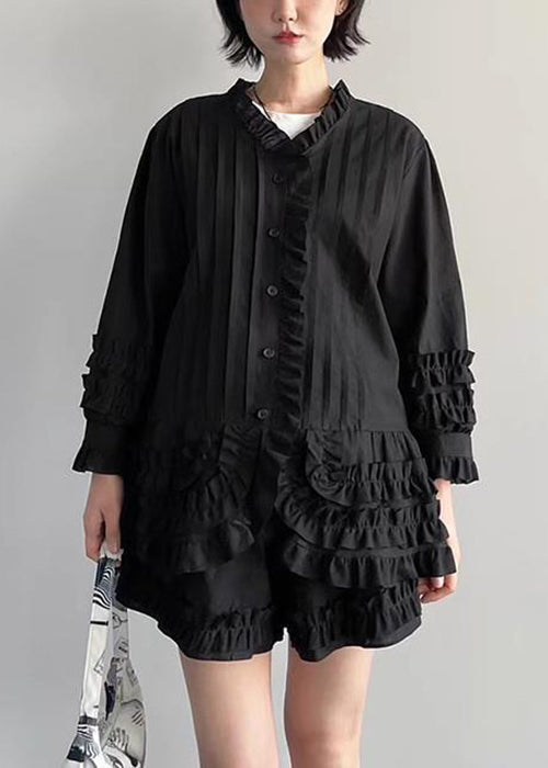French White Ruffled Shirt and Shorts Cotton Two Piece Set Spring