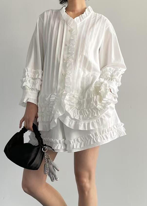 French White Ruffled Shirt and Shorts Cotton Two Piece Set Spring