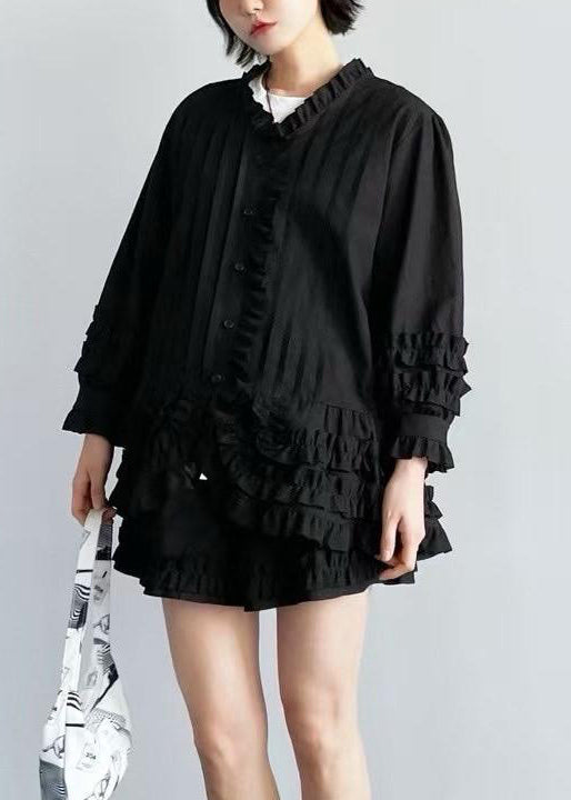 French White Ruffled Shirt and Shorts Cotton Two Piece Set Spring