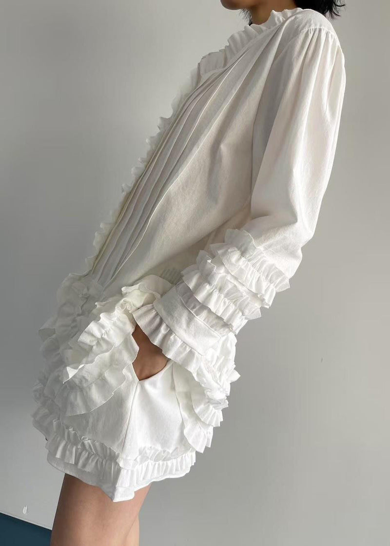 French White Ruffled Shirt and Shorts Cotton Two Piece Set Spring