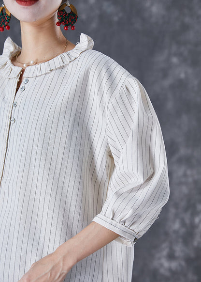 French White Ruffled Striped Cotton Shirt Top Bracelet Sleeve