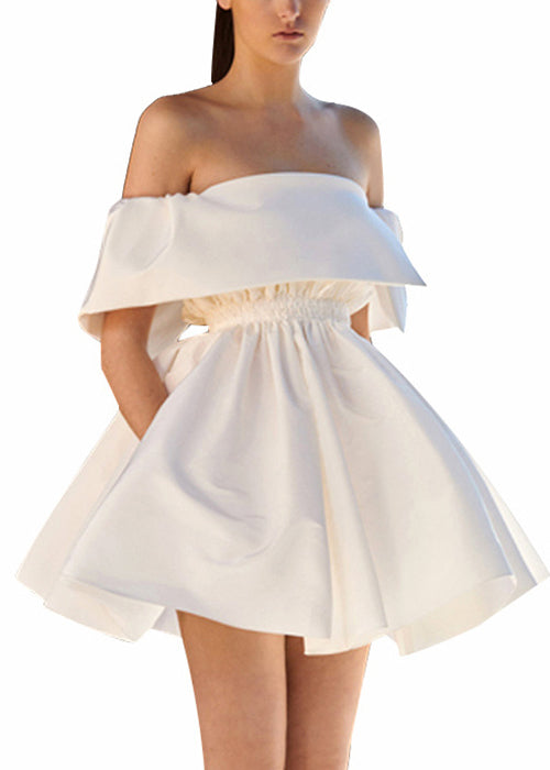 French White Slash Neck Cotton Mid Dress Summer