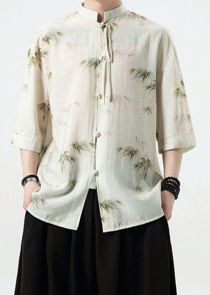 French White Stand Collar Button Cotton Shirt Half Sleeve