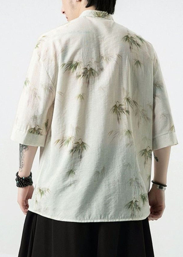 French White Stand Collar Button Cotton Shirt Half Sleeve