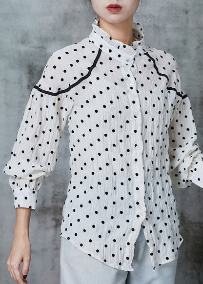 French White Stand Collar Dot Cotton Shirt Tops Spring