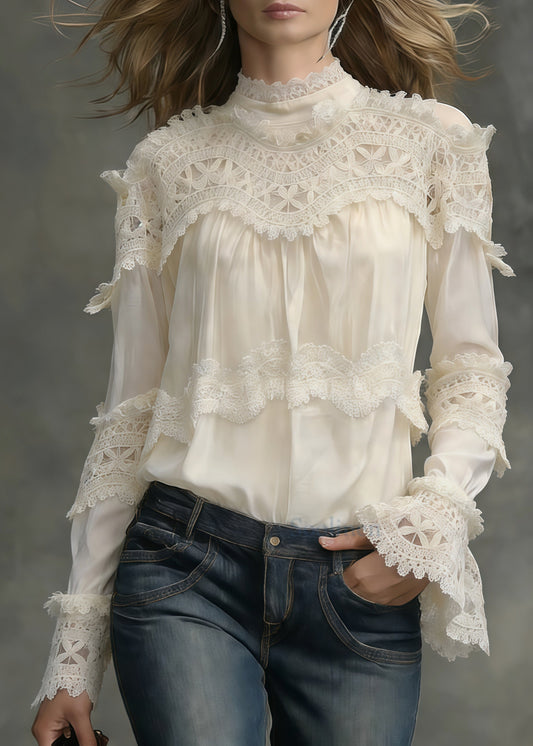 French White Stand Collar Patchwork Lace Shirt Tops Spring