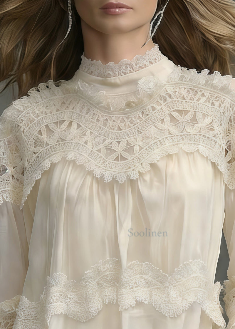 French White Stand Collar Patchwork Lace Shirt Tops Spring